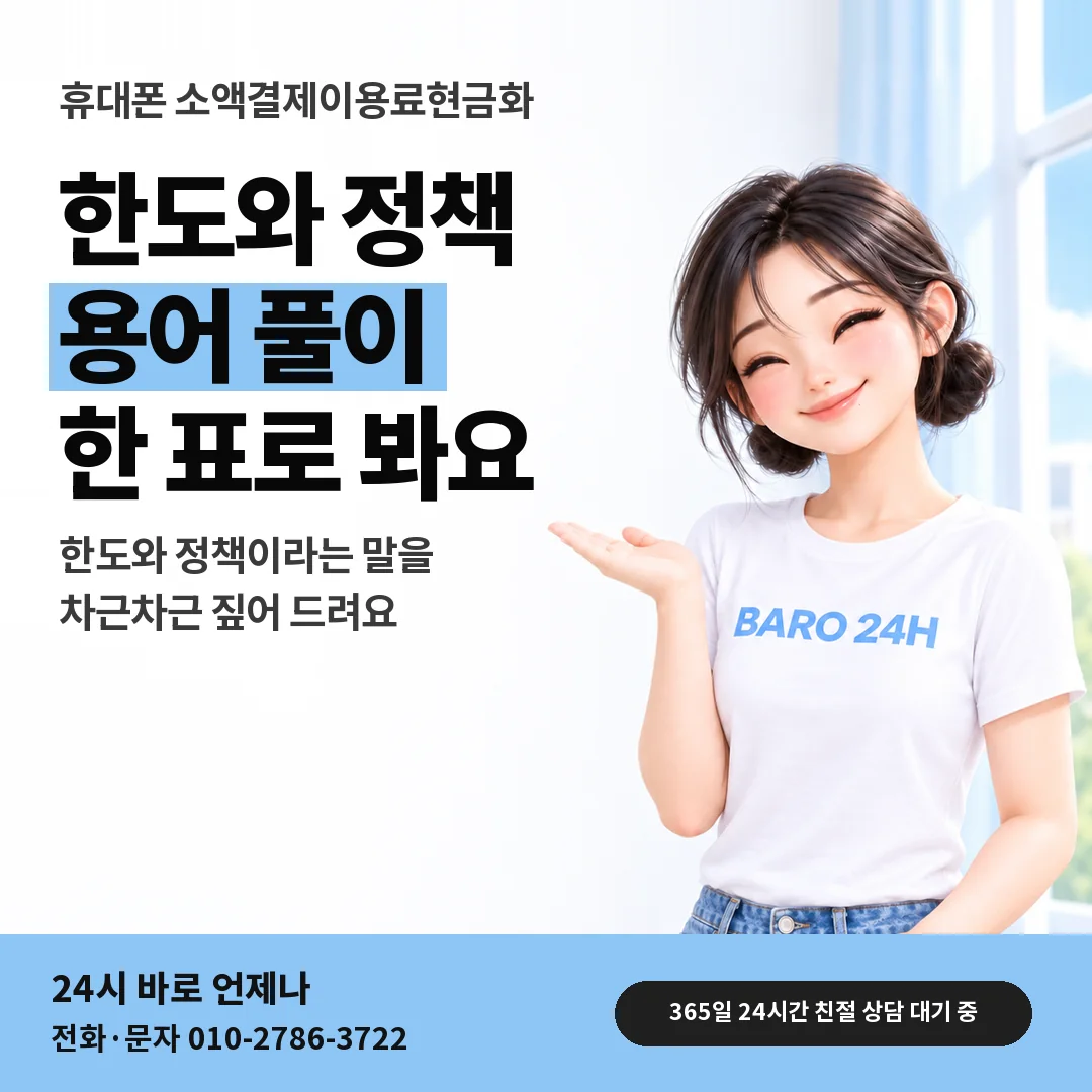 BARO 24H 티셔츠를 입은 3D 인물 옆에 「휴대폰 소액결제이용료현금화 안내」 제목을 얹은 안내 카드