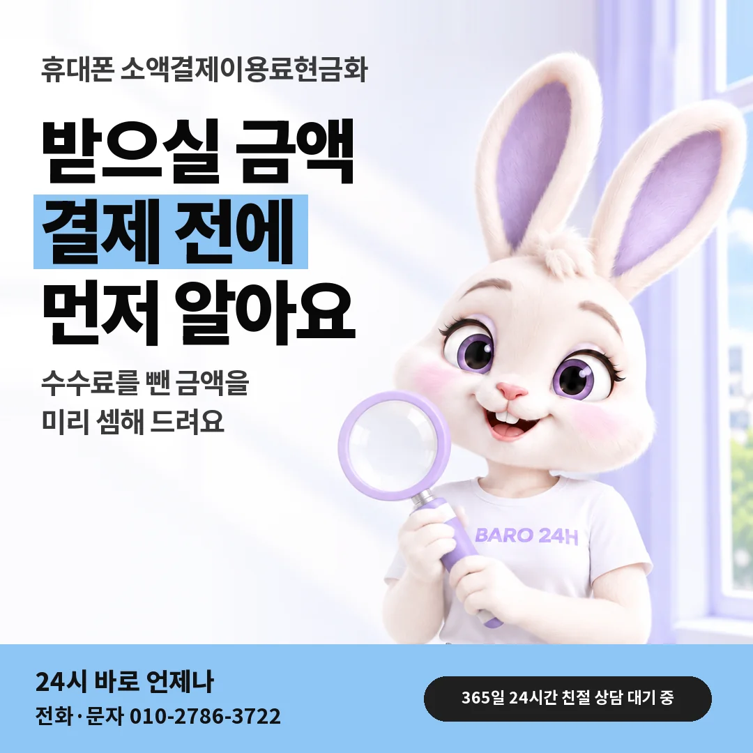 돋보기를 든 BARO 24H 티셔츠를 입은 3D 토끼 캐릭터 옆에 「휴대폰 받으실 금액 뜻」 제목을 얹은 안내 카드