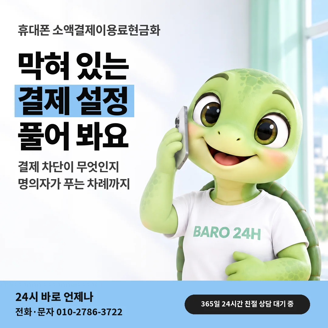 BARO 24H 티셔츠를 입은 3D 거북이 캐릭터 옆에 「휴대폰 결제 차단 뜻」 제목을 얹은 안내 카드