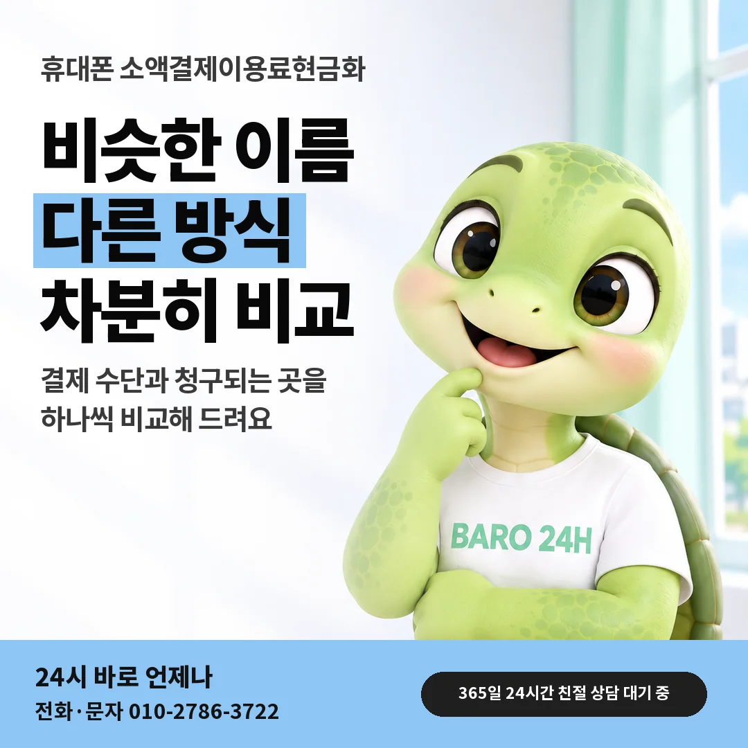 BARO 24H 티셔츠를 입은 3D 거북이 캐릭터 옆에 「휴대폰 카드깡과 다른 점」 제목을 얹은 안내 카드