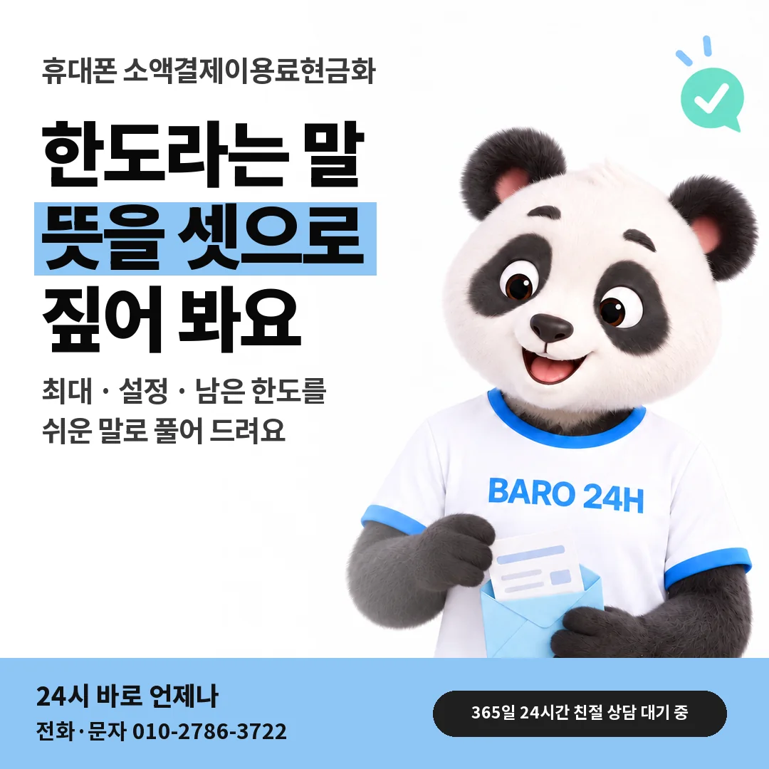 BARO 24H 티셔츠를 입은 3D 동물 캐릭터 옆에 「휴대폰 한도 뜻과 보는 곳」 제목을 얹은 안내 카드