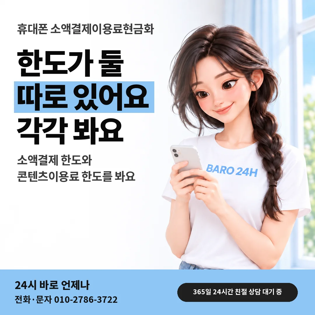 BARO 24H 티셔츠를 입은 3D 인물 옆에 「휴대폰 두 한도 따로 보기」 제목을 얹은 안내 카드