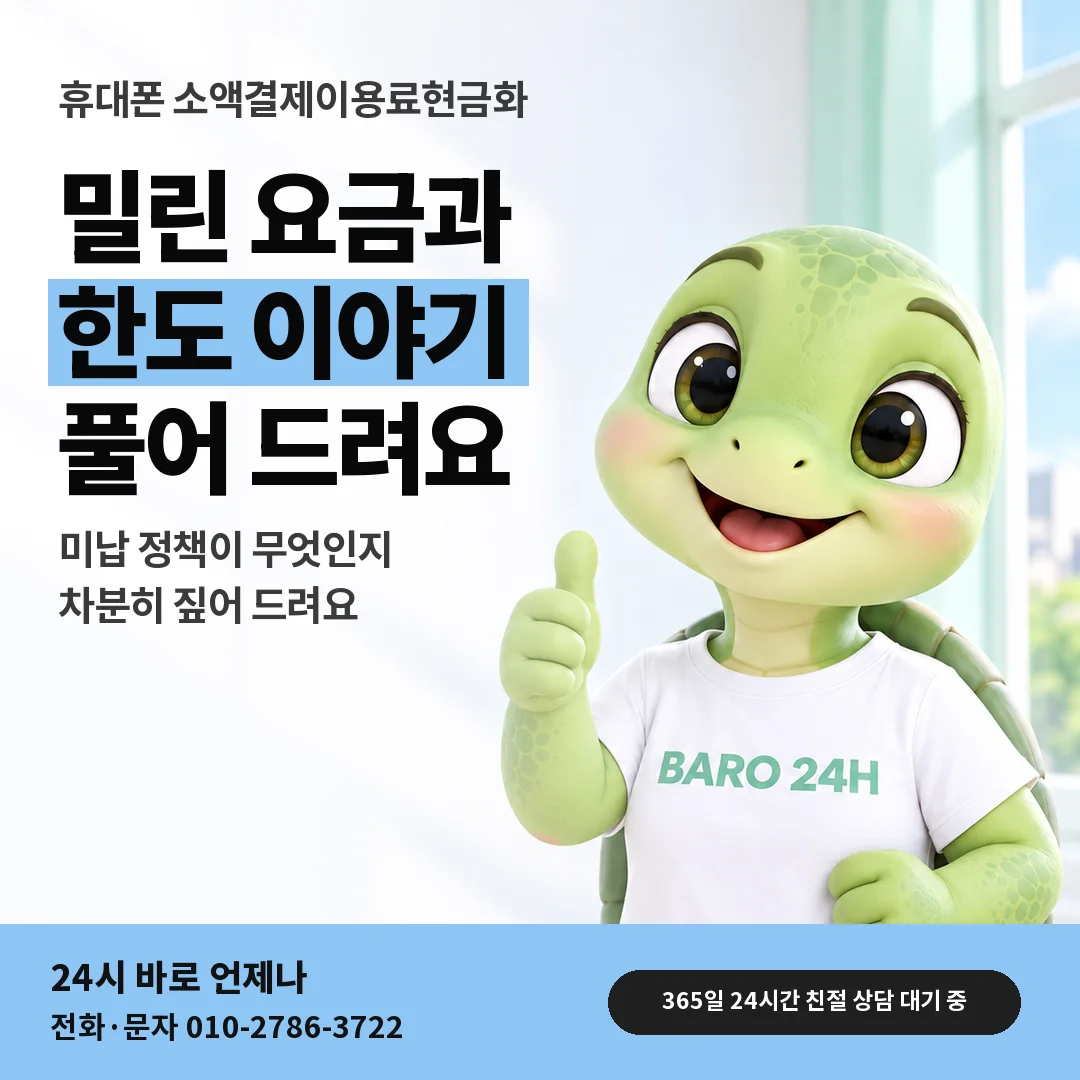 BARO 24H 티셔츠를 입은 3D 거북이 캐릭터 옆에 「휴대폰 미납 정책 뜻」 제목을 얹은 안내 카드